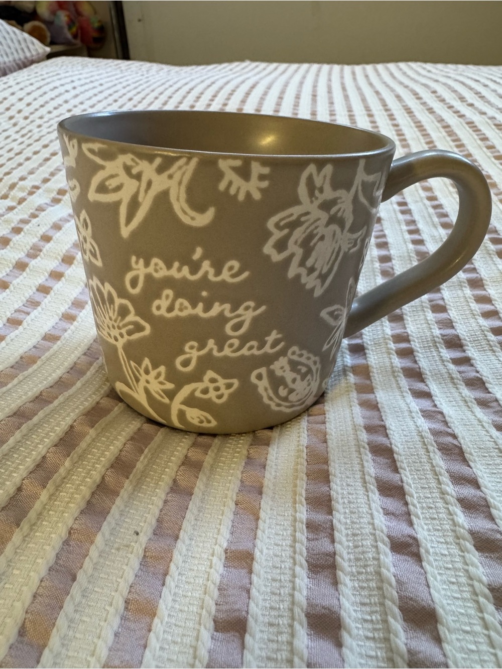 Threshold Taupe Mug with White Floral Script